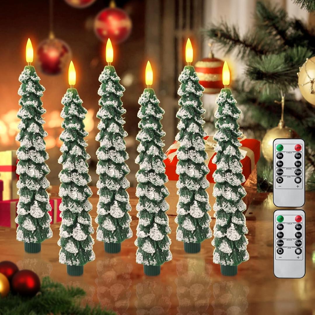 Flameless Candles with Remote  6 Pack Christmas Tree Candles, Battery Operated Snowy Tree Design, 3D Flickering Flame, Safe Holiday Home Decor for Christmas Decorations & Gifts