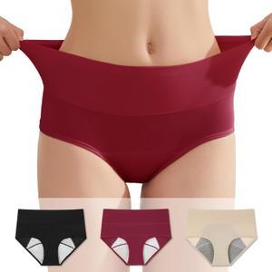 Washable Incontinence and Post partum Underwear, Bladder Leak Panties, Non-Disposable Period, Menstrual Absorbent Brief (X-Large, Black/Red/Beige)