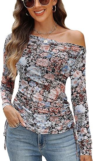CiCiBird Womens 2025 Long Sleeve Floral Mesh Off Shoulder Going Out Tops Fashion Fall Outfits Multi Floral XL