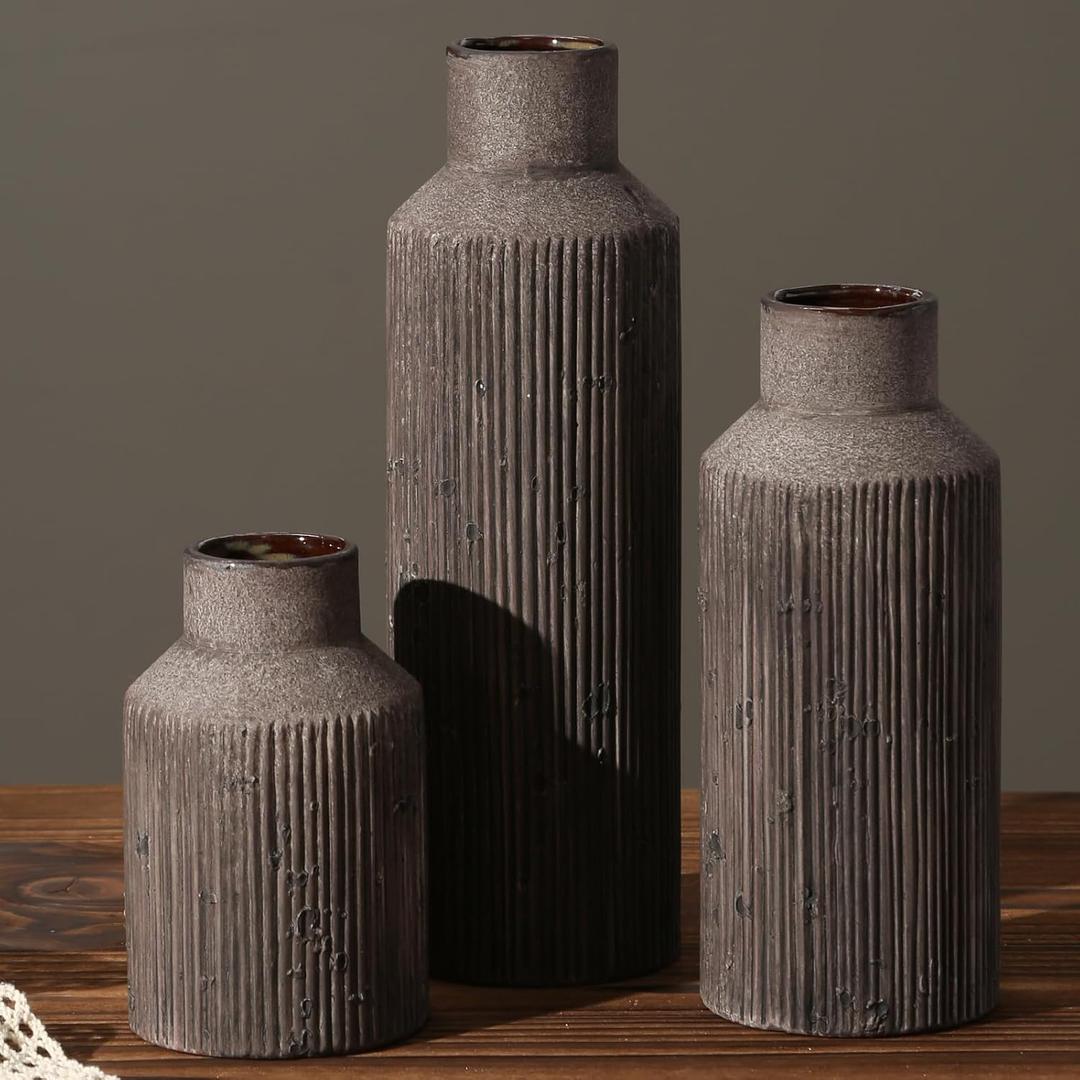Farmhouse Vase for Home Decor, Ceramic vase Set of 3. Vintage Flower Vase Suitable for Home Decor, Living Room, Shelf Decor, Dining Table Decor. (3.3*(5.3-8-10.6IN)Set of 3)