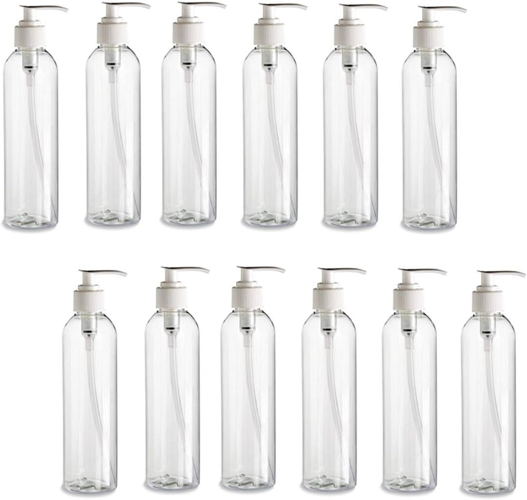 Natural Farms 12 Pack  8 oz -Clear Cosmo Plastic Bottles  White Pump - for Essential Oils, Perfumes, Cleaning Products