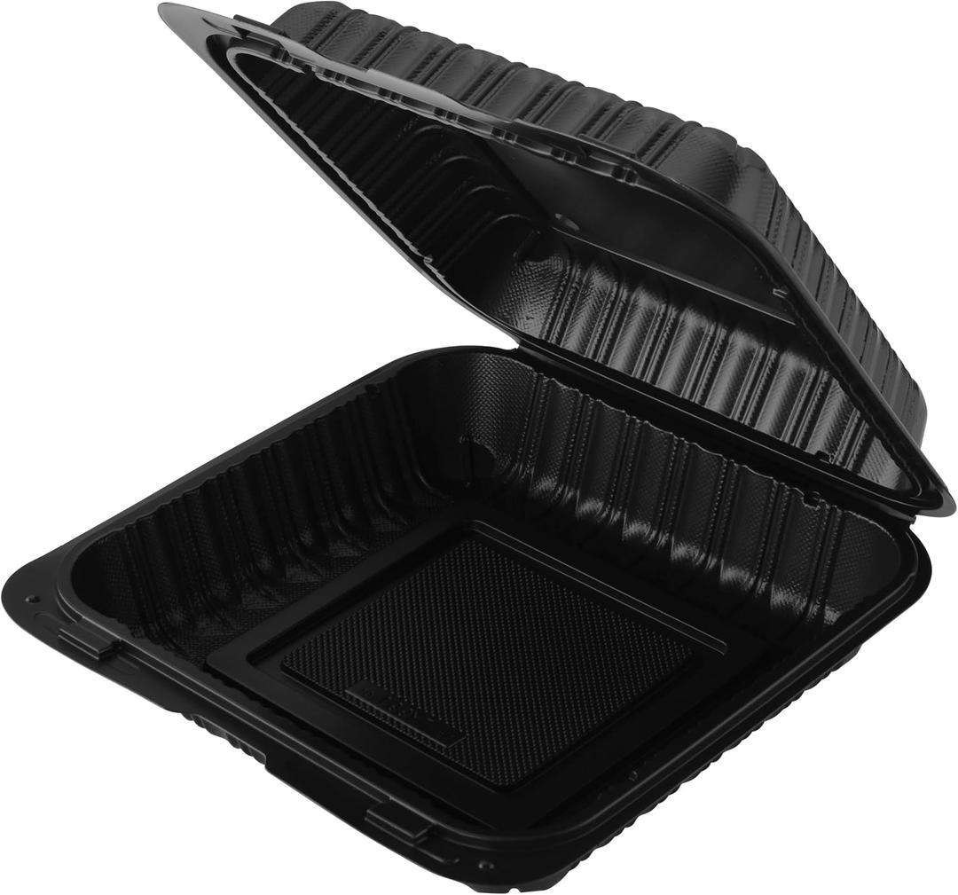 Hinged Take-Out Containers 9″ x 9″ BPA Free, Clamshell To Go Boxes Recyclable, Microwave & Freezer Safe Food Storage Boxes for Restaurants, Catering - Cake Slice Container - Black