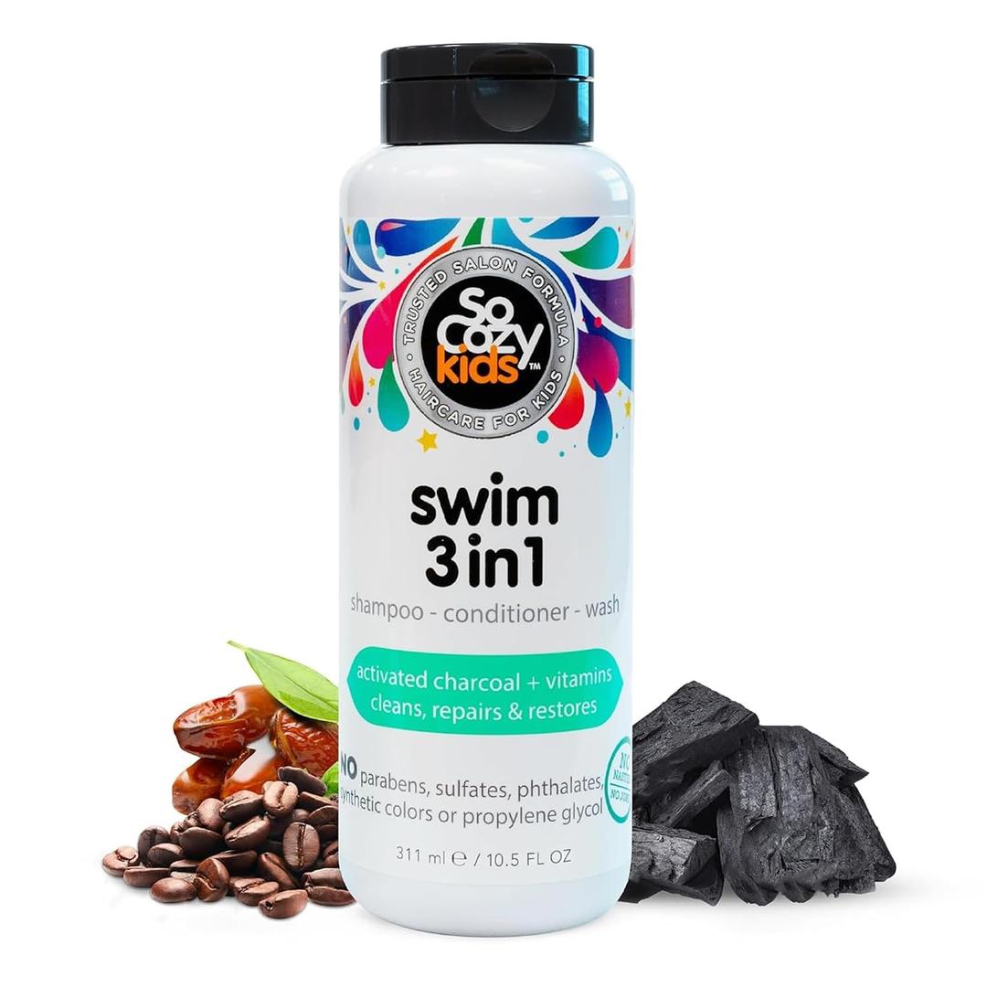 SoCozy Kids Swim 3-in-1 Shampoo, Conditioner & Body Wash - 3-in-1 Combo Pool Shampoo & Conditioner for Swimmers - Salt & Chlorine Removing Activated Charcoal