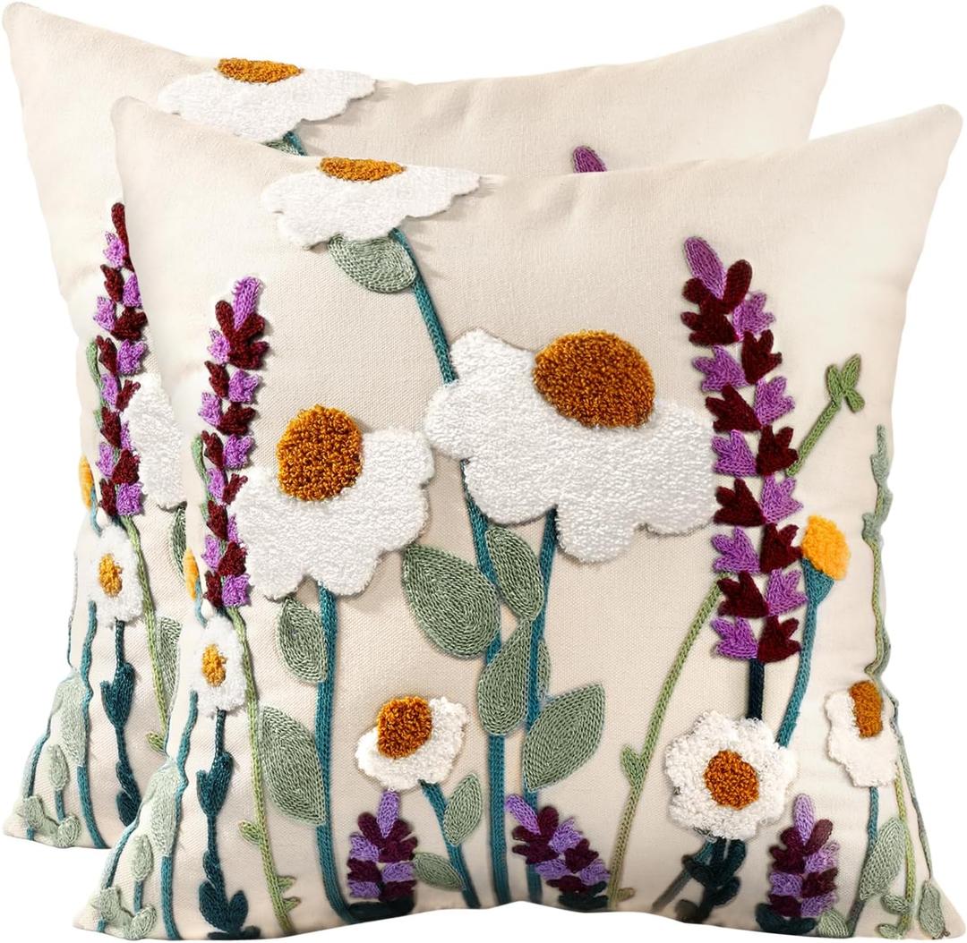 Embroidered Throw Pillow Covers 18x18 Inch - Set of 2 Summer Decorative Pillow Covers with Zipper Aesthetic Cute Design Throw Pillowcases for Couch Sofa Bed, Wild Floral