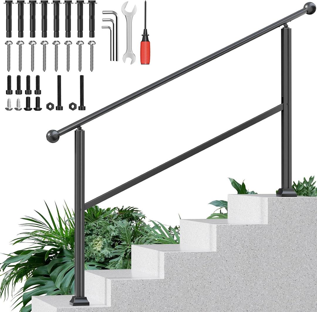 5-Step Outdoor Stair Railing, Adjustable Handrails for Outdoor Steps | Heavy-Duty Aluminum Construction with Powder-Coated Finish for Porch, Deck, Brick and Wooden Steps, Ideal for Seniors