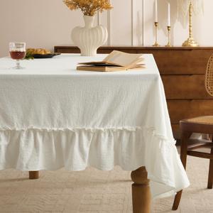 Romanstile Ruffle Rectangle Tablecloth - 60 x 84 Inch Farmhouse Vintage Washable Cotton Decorative Table Cloth with Flounces Trim for Dinner, Party, and Outdoor, White