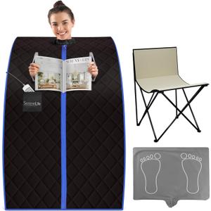 SereneLife Portable Sauna Box for Home, Infrared Sauna Tent with Heated Foot Pad and Folding Chair, Remote Control In-Home Spa, 38" x 32 (Black)