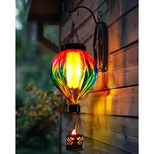 Hot Air Balloon Hanging Solar Lantern Outdoor Waterproof with Flickering Flame Gifts for Women Grandma Mom Glass Hanging Solar Lights Decorative for Outside Wall Front Porch Yard Garden Fence (Pink & Blue)