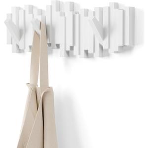 Umbra Sticks Wall-Mounted Coat Rack Rail Hook with 5 Retractable Pegs Modern, Space-Saving Storage Organizer, White
