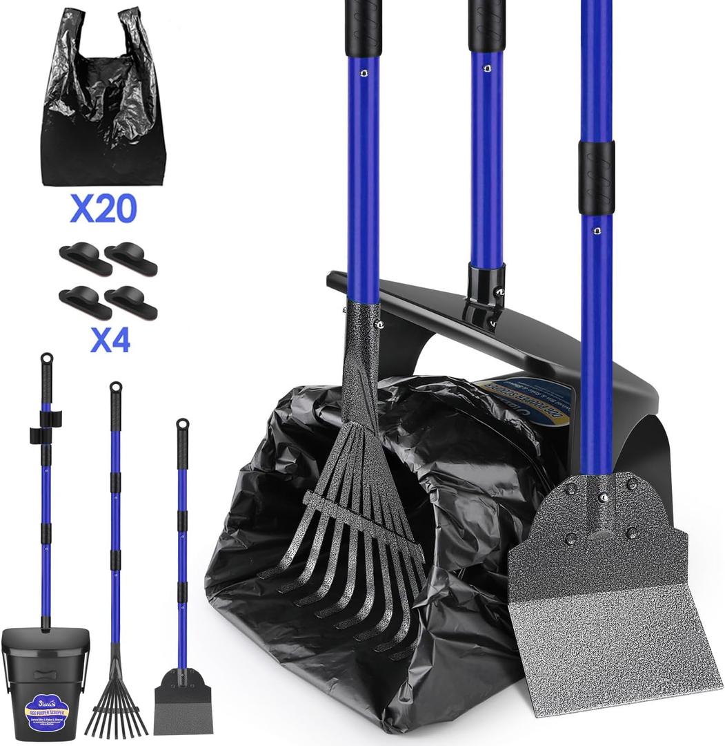 Lukovee Dog Pooper Scooper, 37.4" Long Adjustable Metal Handle Swivel Bin & Rake & Spade Kit with 20 Poop Bags, Portable Dog Non-Breakable Poop Scooper for Gravel Yard Lawn Grass, Blue