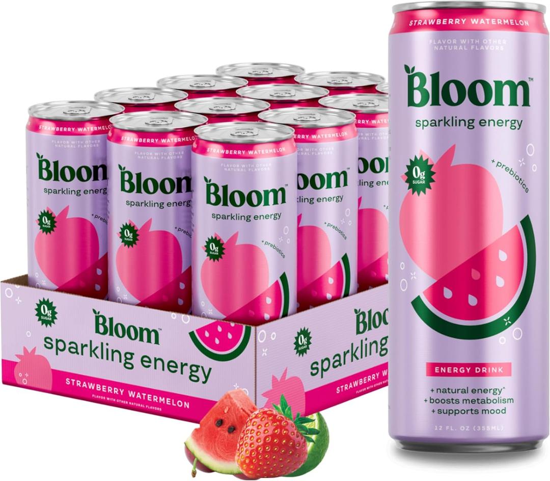 Bloom Nutrition Sparkling Energy Drink - Natural Caffeine, Zero Sugar, 180mg Caffeine - Antioxidant-Rich with Green Coffee Bean, Green Tea Extract, Prebiotics - Strawberry Watermelon - 12oz 12 Pack (EXP 05/31/27)