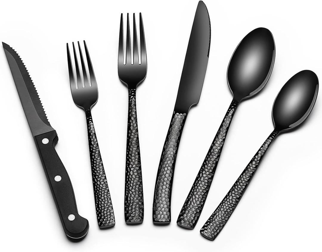Black Hammered Silverware Set with Steak Knives, 24-Piece Stainless Steel Wave Flatware Set for 4, Food-Grade Tableware Cutlery Set, Utensil Sets for Home Restaurant, Mirror Finish, Dishwasher Safe