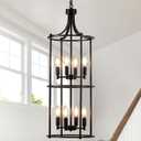 Foyer Chandeliers for High Ceilings, Lantern Tiered Black Chandelier Light Fixture Metal Modern Farmhouse Pendant Lights for Kitchen Island Entryway, Staircase, Living Room, Dinning Room