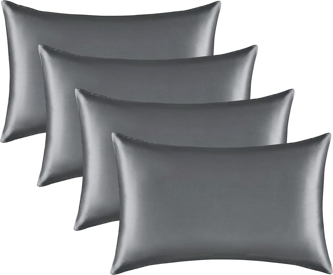 Satin Silk Pillowcase for Hair and Skin, Black Pillow Cases Standard Size Set of 4 Pack Super Soft Pillow Case with Zipper Closure (Gray, Standard(4 Pack))