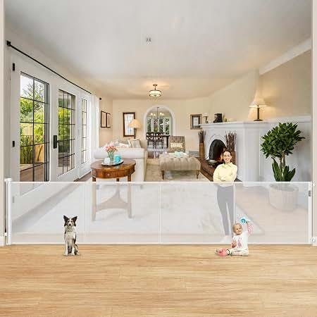 200'' Retractable Baby Gates Extra Wide, 42'' Extra Tall Retractable Dog Gate, 16 FT White Indoor/Outdoor Retractable Gate with Reinforcement Rods for Garage, Doorways, Stairs, Decks, Driveway, Patio