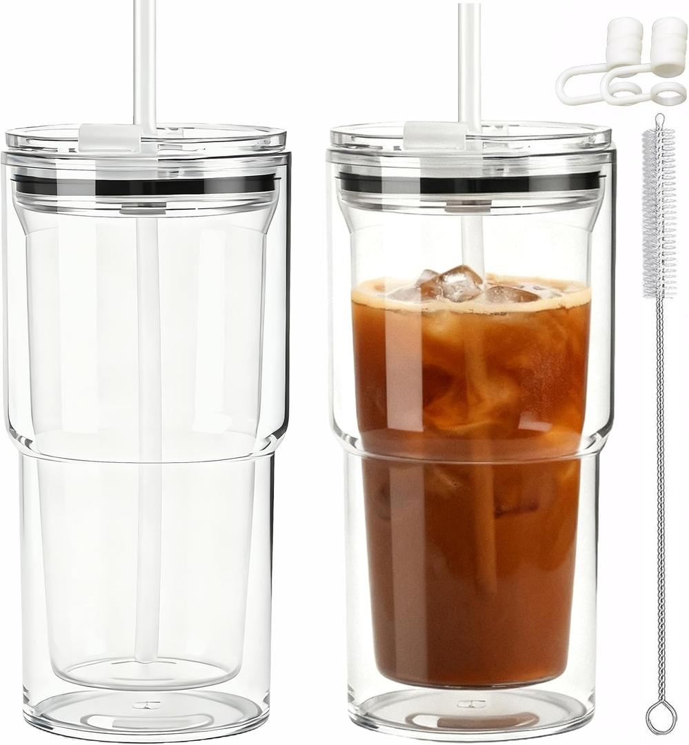 17oz Travel Coffee Tumbler, Insulated Tumbler with Lid and Straw, Double Walled Coffee Mugs, Reusable Plastic Cups, Car Cup Holder Compatible, 2 Pack (2, Clear)
