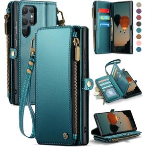 Defencase for Galaxy S25 Ultra Case Wallet with RFID Blocking Card Holder for Women Men, PU Leather Magnetic Snap Flip Wristlet Strap Zipper Wallet Phone Cases for Samsung Galaxy S25 Ultra 6.9", Green