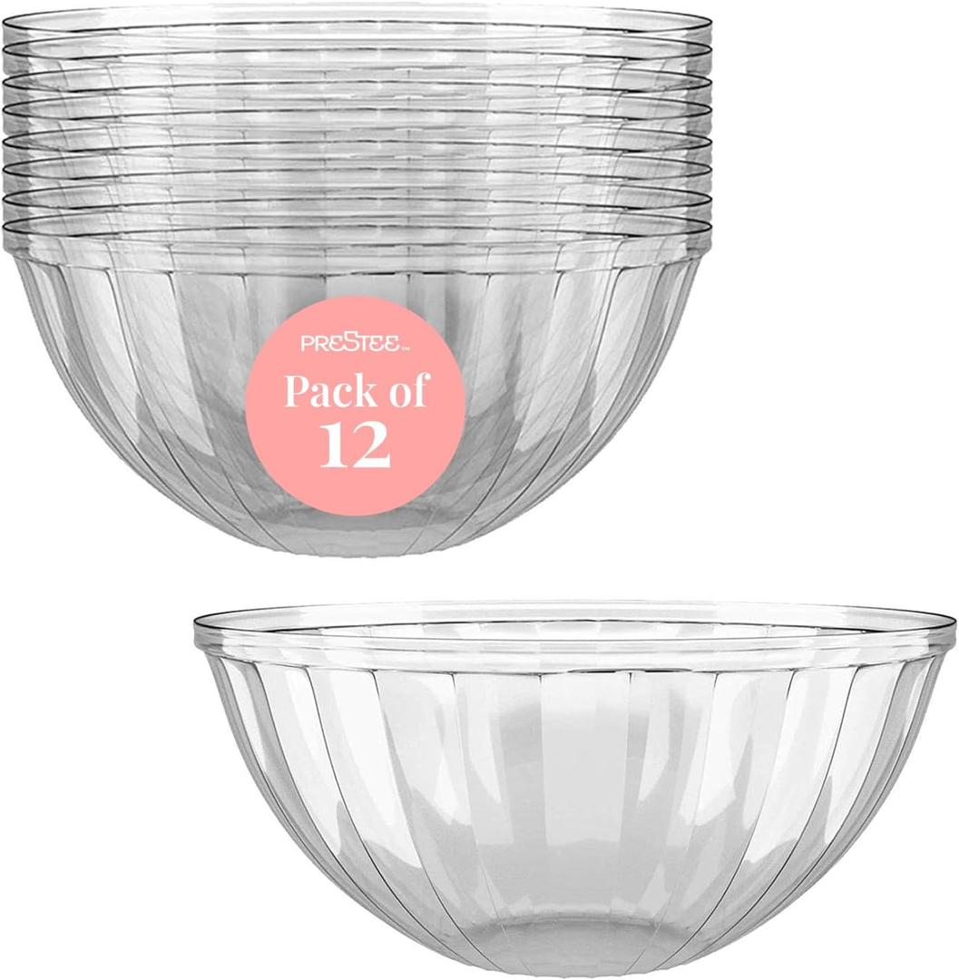 Prestee 12 Pack Clear Plastic Serving Bowls - 53 Oz Round Reusable and Disposable Bowls for Parties and Events - Sturdy and Durable Plastic Bowl for Serving Food, Salads, Snacks, Chips, and Candies