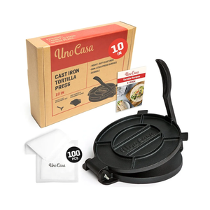 Uno Casa Cast Iron Tortilla Press 10 Inch - Tortilla Maker Press, Pre-Seasoned Roti Maker with 100 Pcs Parchment Paper - Heavy Duty Quesadilla Maker for Homemade Flatbreads, Rotis, Empanadas