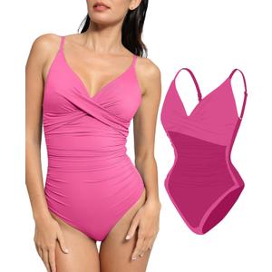 Popilush Swimsuit One Piece Tummy Control Ruched V Neck Bodysuit Push Up Padded Bathing Suits (X-Small, Pink)