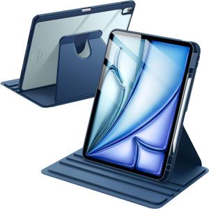JETech Rotating Case for iPad Air 13-Inch M3/M2 (2025/2024) with Pencil Holder, 360 Degree Rotation Protective Stand Cover Clear Back, Auto Wake/Sleep (Deep Navy)