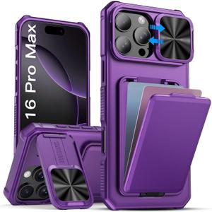 SSLOTSCASE for iPhone 16 Pro Max Case with Credit Card Holder & Stand & Slide Lens Cover & Kickstand, Stylish Sturdy TPU Soft Silicone Edge Protective Phone Case for iPhone 16 Pro Max 6.9", Purple