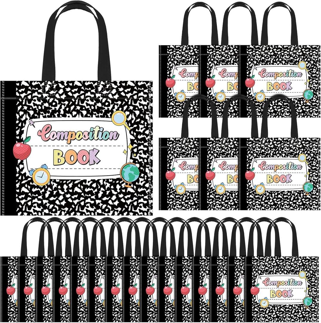 4 x Cosblank 24 Pcs Back to School Gift Bags Composition Notebook Non Woven School Teacher Gift Bags with Handle Candy Treat Thank You Party Favors Supplies for Classroom Activities Wrapping Party Favor, 1 count