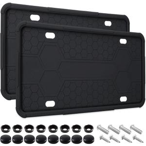 2 Pack Silicone License Plate Frames Black, Car Plate Frame Holder, Universal US Front & Rear Truck Frame Protector Mounting Kit Accessories, Rust Proof, Rattle Proof, Weather Proof (Black)