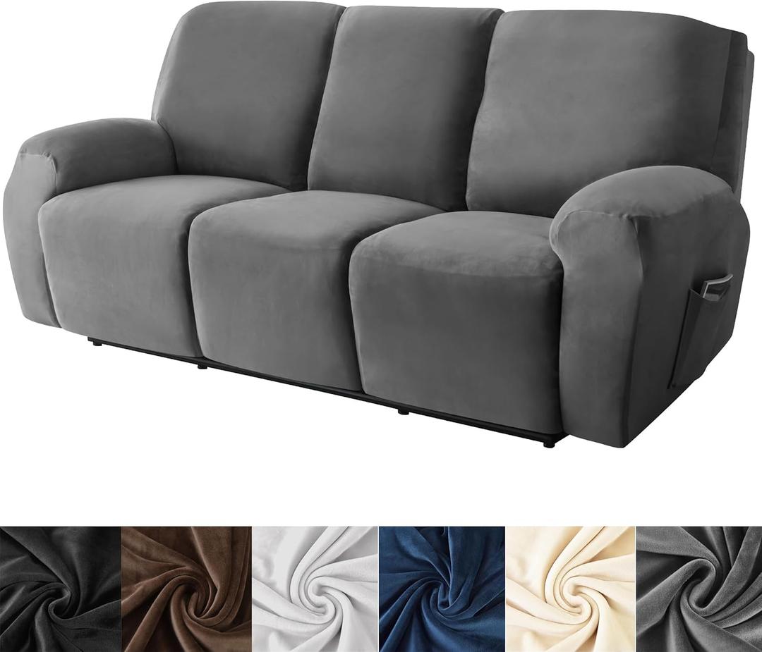HFCNMY Recliner Couch Cover,8 Pieces Stretch Velvet Recliner Sofa Cover,Washable Recliner Cover with Elastic Bottom Dark Gray (3 Seat)