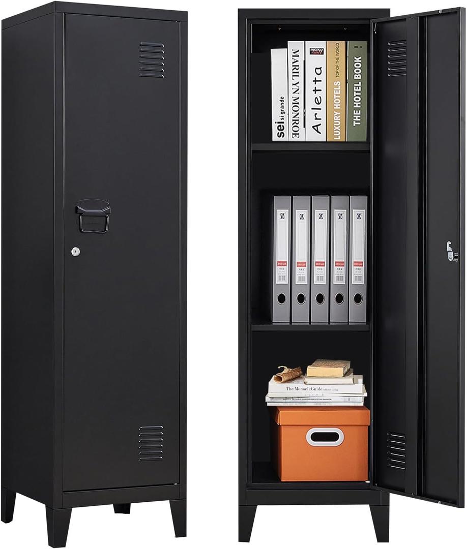 Metal Locker with Doors and Shelves, Locking Storage Cabinets for Small Spaces, Lockers for Employees, Lockable Storage Lockers for Office Garage School Gym, H47 inches * W 15 inches * D15.7 inches