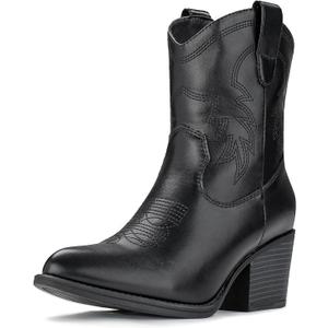 IXU Cowboy Boots for Women Ankle Cowgirl Booties Wide Mid Calf Pointed Toe Western Boots Short Chunky Classic Booties (7, Black)