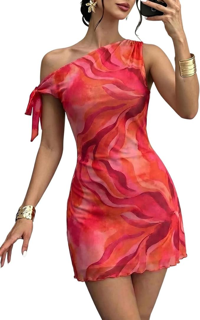 Acelitt Womens Summer Floral Off Shoulder Dress (Orange, M)