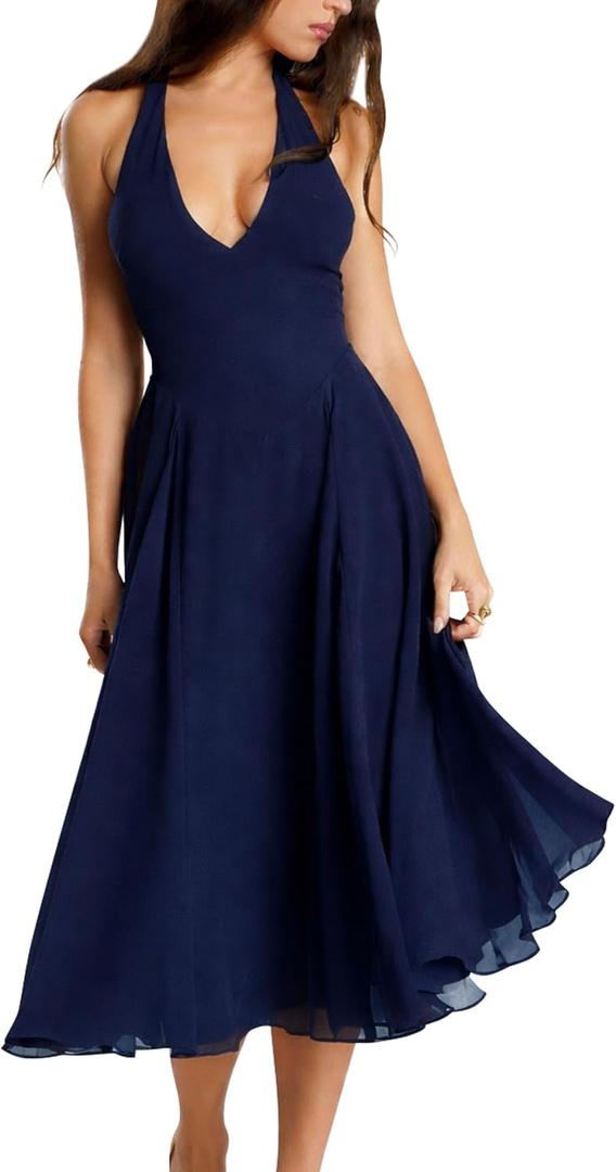 YMDUCH Women's Sexy Sleeveless Halter V Neck Mesh Sheer A-line Cocktail Party Midi Dresses, M