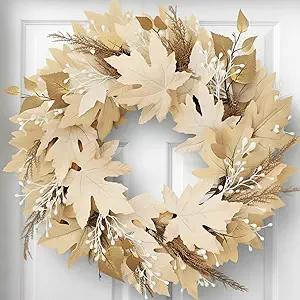Neutral Fall Wreath for Front Door - 24" Outdoor Fall Decorations for Home and Porch Autumn Leaf Large Wreaths for Halloween Thanksgiving Harvest Decoration Indoor Farmhouse Wall Decir