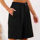 Luvamia Bermuda Shorts for Women High Waisted Linen Dressy Casual Pleated Wide Leg Summer Shorts with Elastic Waist (Black, XL)