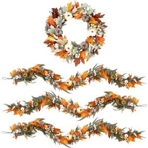 Fall 6FT Garland Wreaths 24", 4 Pack, Artificial Pumpkin