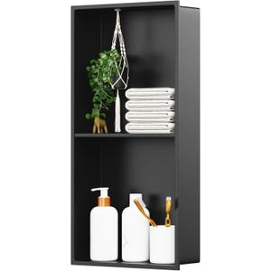No Tile Shower Niche Stainless Steel Wall Niche 12" X 24" Two-Tier Bathroom Shelf No Tile Needed Recessed Niche Shower for Bathroom Storage, Matte Black, 12W * 24H