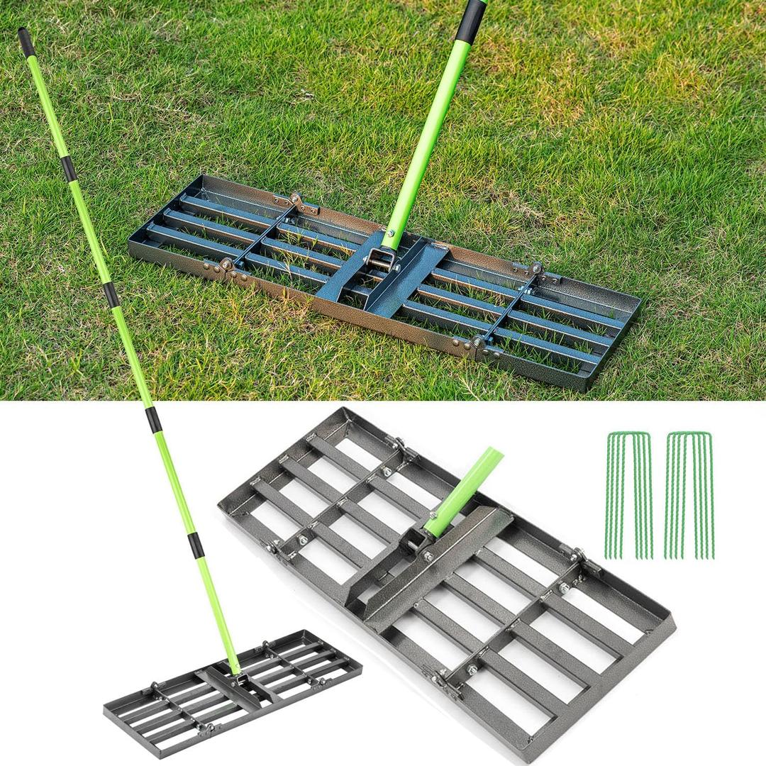 Lawn Leveling Rake 30x10 inch,Stainless Steel Lawn Leveler with Green Positioning Stakes,78" Adjustable Long Handle,Heavy Duty Level Lawn Tool for Backyard, Garden, Golf Course, Farm, Pasture