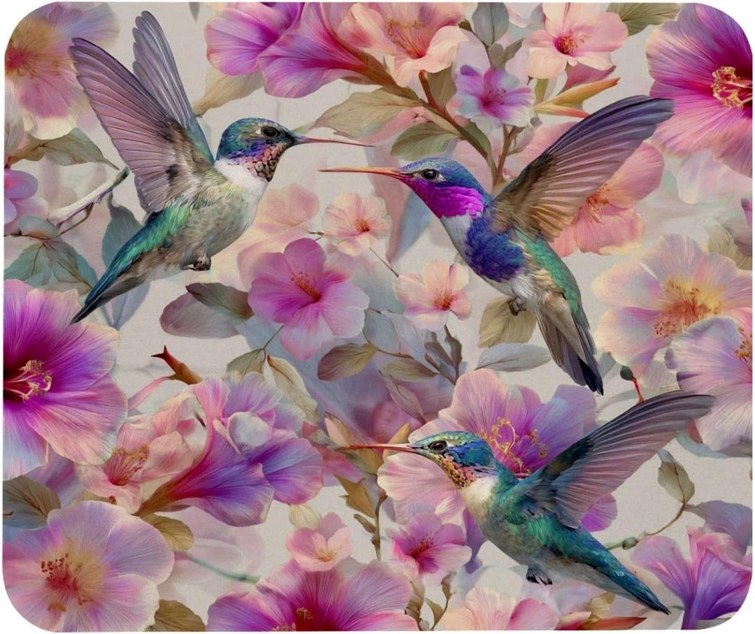 Small Mouse Pad Blossoming Flowers Hummingbirds Desk Pad, Comfortable Mouse Mat with Non-Slip Rubber Base, 8.3" x 9.8" Mousepad for Computer, Laptop, Game, Office & Home