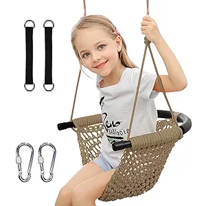 Hand-Knitting Toddler Swing, Swing Seat for Kids with Adjustable Ropes, Little tikes Swings Set, for Outdoor Indoor, Playground, Backyard (Light Brown)