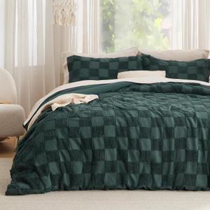 Bedsure Queen Size Comforter Set Emerald, Boho Tufted Bed Set, Checkered Farmhouse Shabby Chic Bedding, 3 Pieces, 1 Plaid Geometric Comforter and 2 Pillow Shams