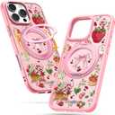 Uppuppy for iPhone 16pro max Case - Compatible with MagSafe for Women Girls Bulit-in 360 Rotatable Magnetic Ring Holder Kickstand Cute Aesthetic Pink Strawberry Design for Apple 16pro max