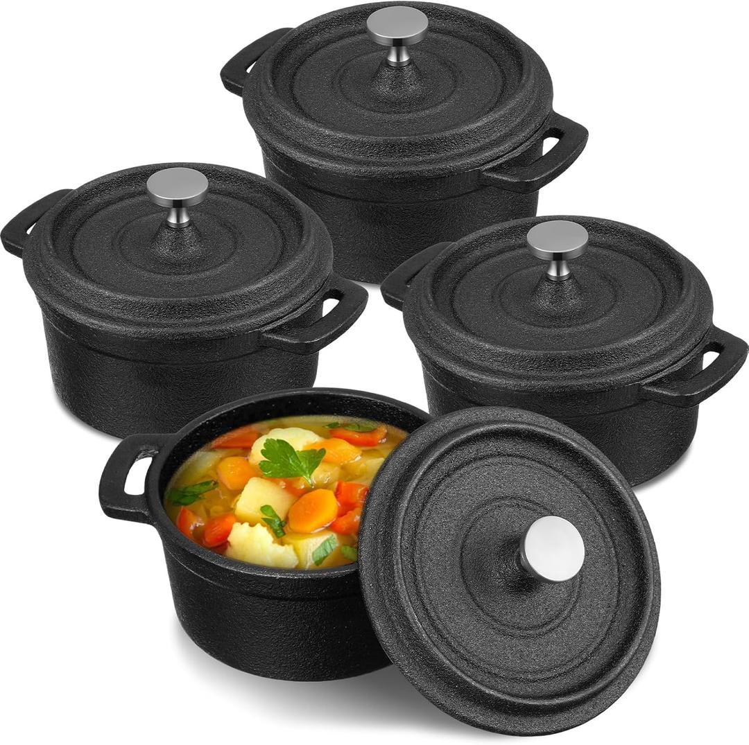 4 Pcs Mini Dutch Oven Small Round Iron Cocotte Black Dutch Oven Pot with Lid and Dual Handles Cast Iron Pot for Stovetop Use Marinate Cook Bake Refrigerate Garlic Roaster BBQ Grill (17 oz)