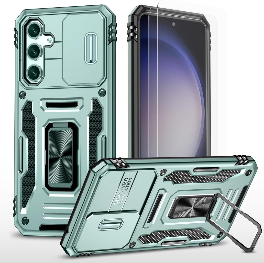 Ezanmull for Samsung Galaxy S24 FE Case with Slide Camera Cover + Screen Protector(2 Packs), Rotated Ring Kickstand Military Grade Shockproof Protective Cover for Samsung Galaxy S24 FE (Green)