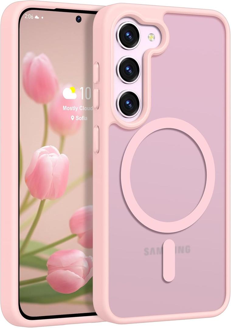 Rayboen for Samsung Galaxy S23 Case Magnetic, [Compatible with Magsafe] Protective Skin Feel Matte Phone Cover for Samsung S23 with Semi-Clear Hard Back & Soft Edge, Matte Pink