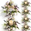 6 Pcs Mini Spring Tulips Candle Rings Wreaths Artificial Purple Lavender Small Pillar Holder Wreath Summer Floral Candle Holder Wreath for Farmhouse Porch Front Door Cabinets Table Decoration (Flowers)