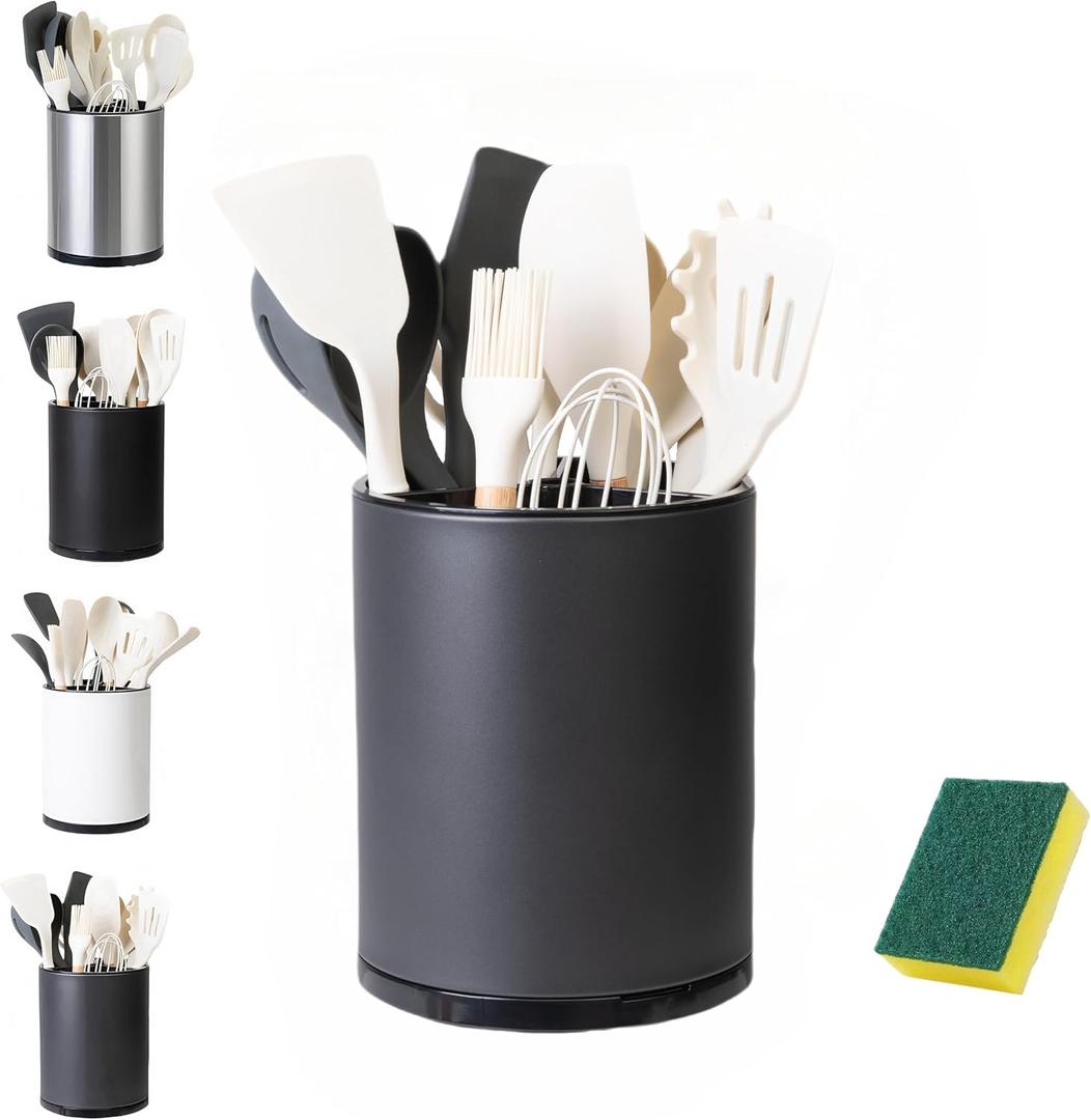 LIBODOUR Utensil Holder,Large 360Rotating Kitchen Utensil Holder For Counter,Cooking Silverware Organizer Stainless Steel Caddy Flatware Spoon Spatula Tool Cutlery Container