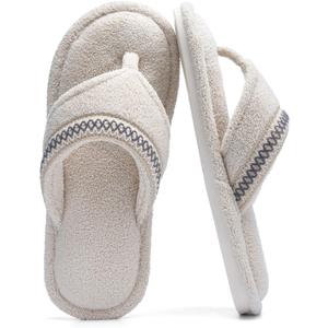 Flip Flops House Slippers for Women Indoor Bedroom Shoe with Non-slip Sole Ladies Summer Open Toe Slide Terry Thong Slippers with Memory Foam (11-12, Beige)
