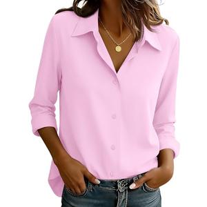 EverVoguant Pink Tops for Women Long Sleeve Button Down Shirt Dressy Work Office Blouses Going Out Top Shirts Dress Women's Slim Fit Collared Wrinkle Free Hot Pink Size M
