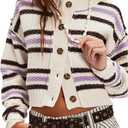Fall Trendy Color Block Striped Cropped Open Front Cardigan for Women Casual Knit Button Down Sweater Jacket (X-Large, Purple)